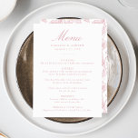 Elegante Rose Chinoiserie Viktorianische Hochzeit Menükarte<br><div class="desc">Entspannen Sie bei einem Hochzeitsempfang mit unserer eleganten Rose Chinoiserie Floral Hochzeitskarte. Dieses Menü wurde mit anmutiger, staubiger Rose-Rosa-Kalligraphie auf einem weißen Hintergrund entworfen und ist vollständig mit Ihren Namen, dem Hochzeitstermin und den Menüdetails anpassbar. Auf der Rückseite des Hauses finden Sie eine prächtige staubige Rose und ein weißes Blumenmuster...</div>