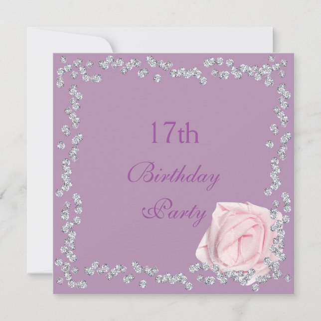 Elegante Rose & Diamonds 17. Geburtstag Einladung (Vorderseite)