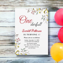 Elegante Rose Einfache Grünpflanzen 1. Geburtstag Einladung