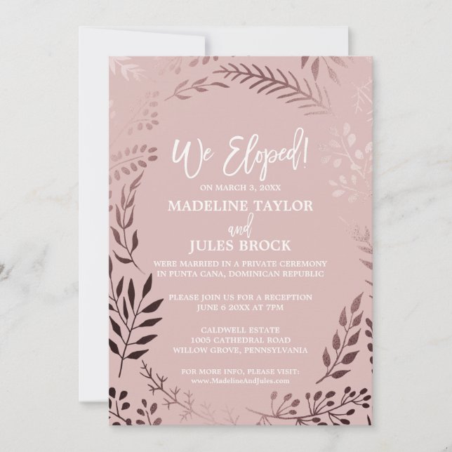 Elegante Rose Empfang Gold und Rosa Elopement Einladung (Vorderseite)