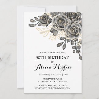 Elegante Rose Flora Black & Gold Geburtstag Einladung