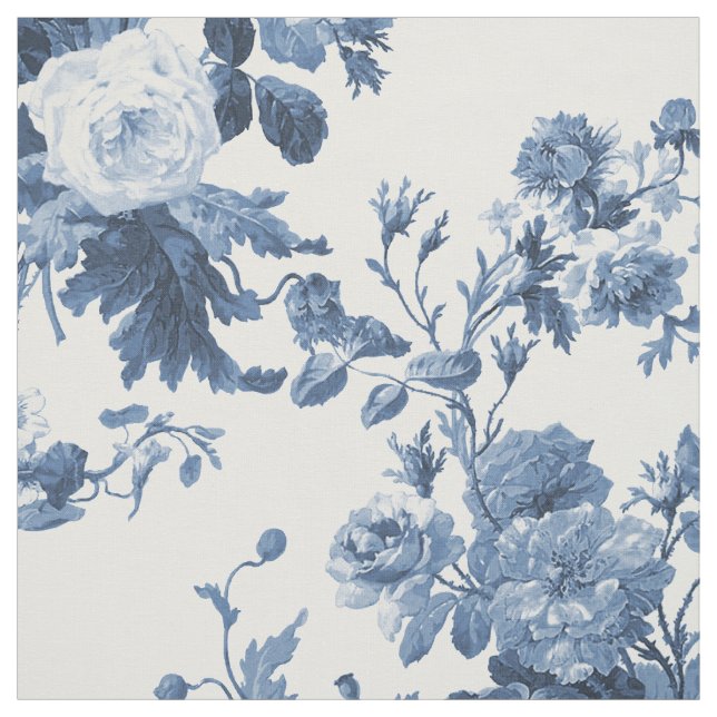Elegante Rose Floral Chinoiserie Blau Vintag Stoff (Muster)