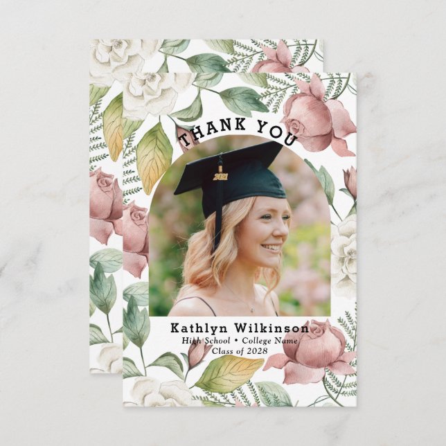 Elegante Rose Floral Foto Abschluss Vielen Dank Dankeskarte (Vorne/Hinten)