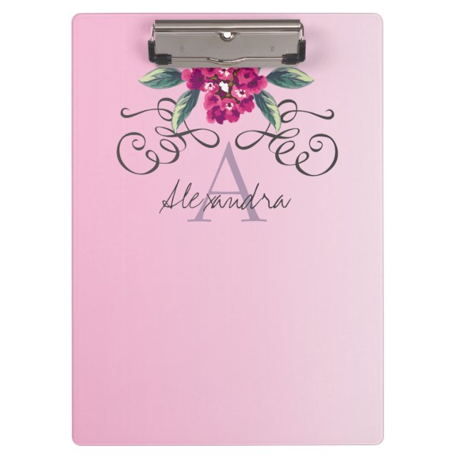 Elegante Rose Floral Monogram Chic Klemmbrett (Vorderseite)