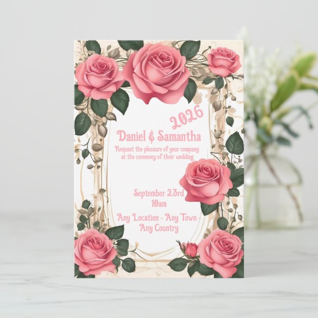 Elegante Rose Frame Template Hochzeitsempfehlung Einladung (Stehend Vorderseite)