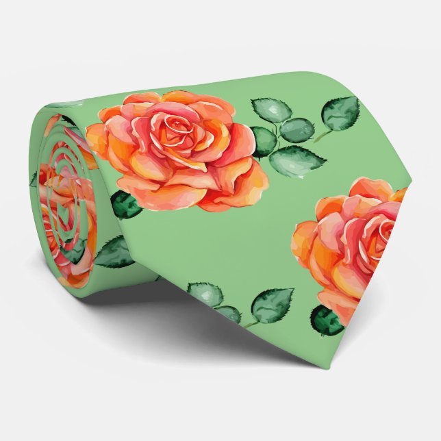 Elegante Rose für Pfirsich und grüne Wasserfarben Krawatte (Gerollt)