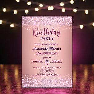 Elegante Rose Glitter Metallic Pink 32. Geburtstag Einladung