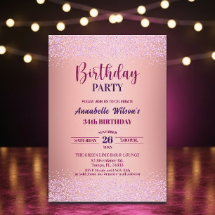 Elegante Rose Glitter Metallic Pink 34. Geburtstag Einladung