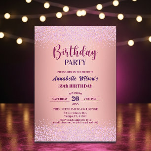 Elegante Rose Glitter Metallic Pink 39. Geburtstag Einladung