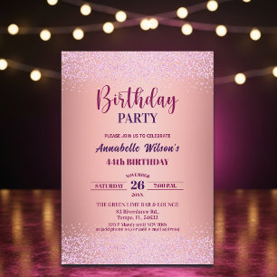 Elegante Rose Glitter Metallic Pink 44. Geburtstag Einladung