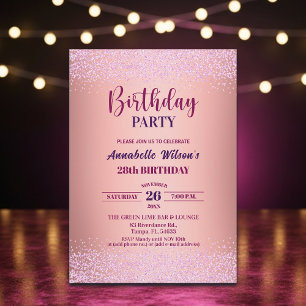 Elegante Rose Glitter Metallic Rosa 28. Geburtstag Einladung