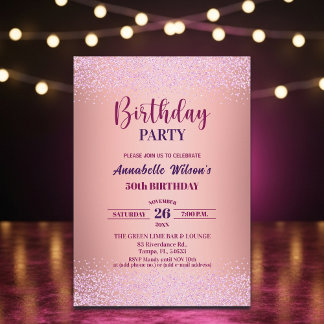 Elegante Rose Glitter Metallic Rosa 50. Geburtstag Einladung