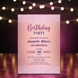 Elegante Rose Glitter Metallic Rosa 51. Geburtstag Einladung