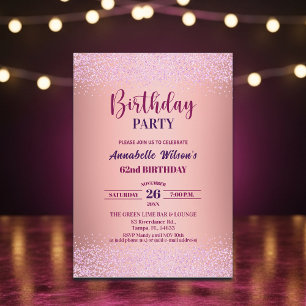 Elegante Rose Glitter Metallic Rosa 62. Geburtstag Einladung