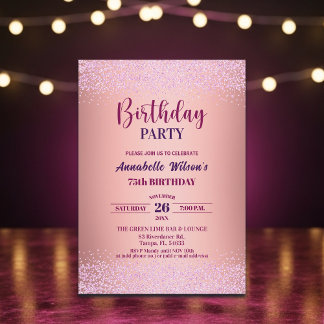 Elegante Rose Glitter Metallic Rosa 75. Geburtstag Einladung