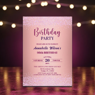 Elegante Rose Glitter Metallic Rosa 98. Geburtstag Einladung