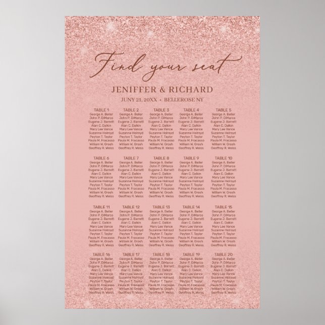 Elegante Rose Gold 20 Tische Hochzeitskarte Poster (Vorne)