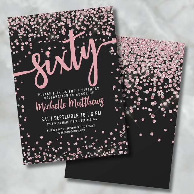 Elegante Rose Gold 60. Geburtstag Einladung (Rose Gold Glitter 60th Birthday Invitation)