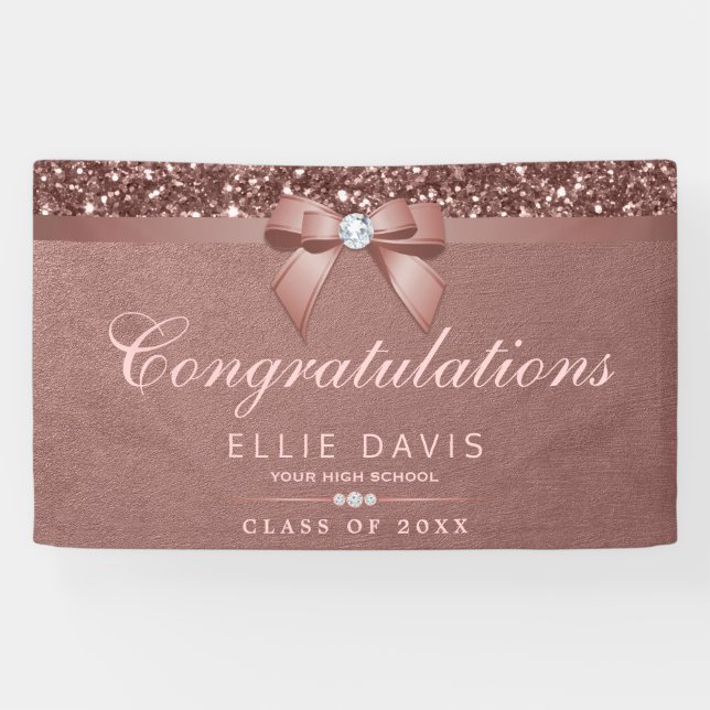 Elegante Rose Gold Abschluss Diamonds Bow Glitzer Banner (Horizontal)
