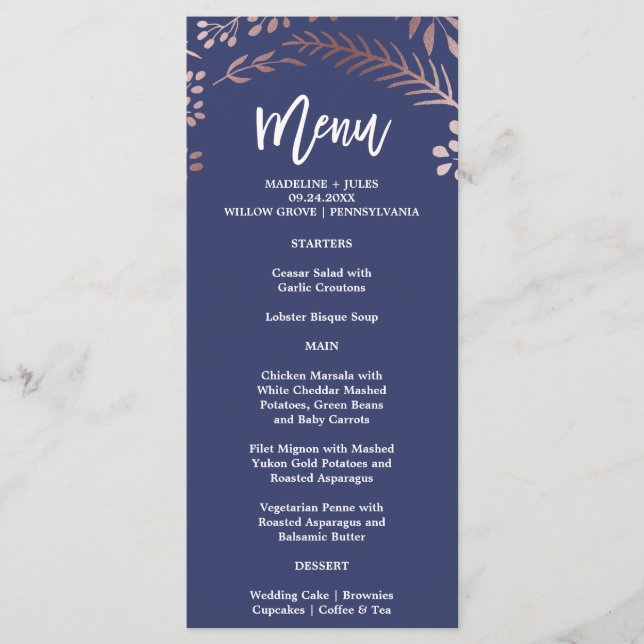 Elegante Rose Gold and Navy Wedding Menu Card Menükarte (Vorderseite)