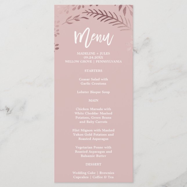 Elegante Rose Gold and Pink Wedding Menu Card Menükarte (Vorderseite)
