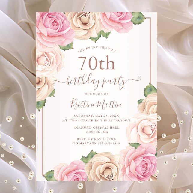 Elegante Rose Gold Aquarell Blütenfarben 70. Gebur Einladungspostkarte (Pink floral 70th birthday party invitation postcard)