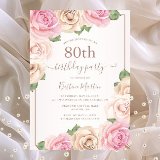 Elegante Rose Gold Aquarell Flora 80. Geburtstag Einladung
