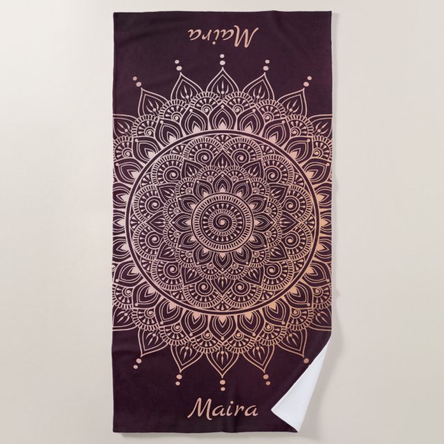 Elegante Rose Gold auf Burgund Flora Henna Mandala Strandtuch (Vorderseite)