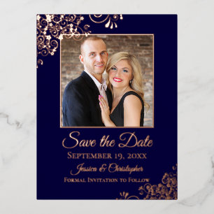 Elegante Rose Gold auf Navy Foto Save the Date Folie Einladungspostkarte