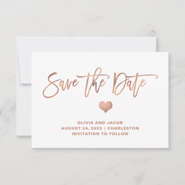 Elegante Rose Gold auf Weiß mit Herz Save The Date (Vorderseite)