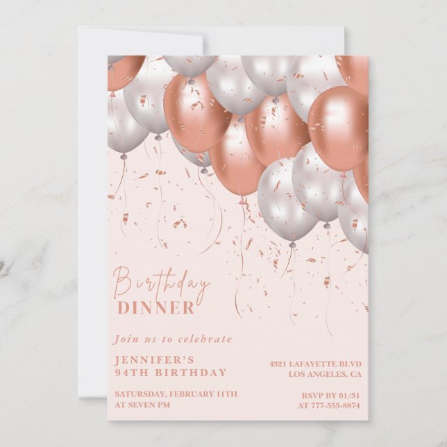 Elegante Rose Gold Ballon Abendessen 94. Geburtsta Einladung (Vorderseite)