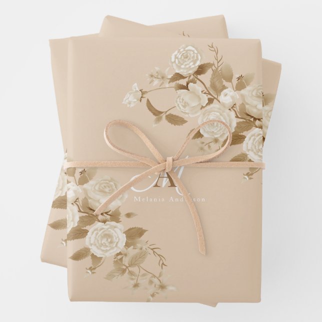 Elegante Rose Gold Beige Monogram Geschenkpapier Set (Beispiel)