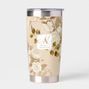 Elegante Rose Gold Beige Monogram Thermobecher