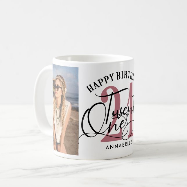 Elegante Rose Gold & Black 21. Geburtstag Foto  Kaffeetasse (Vorderseite Links)
