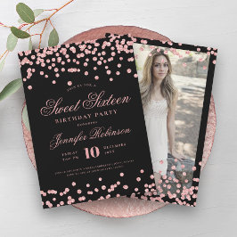 Elegante Rose Gold Black Confetti Foto Sweet 16 Einladung