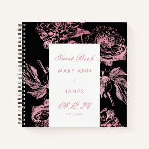 Elegante Rose Gold Black Floral Wedding Gästebuch Notizbuch