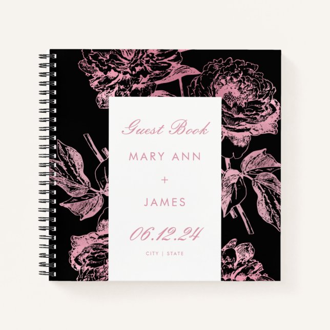 Elegante Rose Gold Black Floral Wedding Gästebuch Notizbuch (Vorderseite)