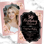 Elegante Rose Gold Black Foto 50. Geburtstag Einladung<br><div class="desc">Elegante florale feminine 50. Geburtstagseinladung mit Ihrem Foto auf der Kartenrückseite. Glam-Design mit Imitate Glitzer Rose Gold . Ermöglicht Rosen in Rosa, Skript-Schriftart und Konfetti. Ideal für ein stilvolles Party für Erwachsene. Personalisieren Sie Ihre persönlichen Daten. Kann für jedes Alter angepasst werden! Gedruckte Zazzle Einladungen oder Sofortdownload digitalen druckbaren Vorlage....</div>
