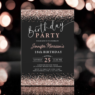 Elegante Rose Gold Black Glitzer 18. Geburtstag Einladung