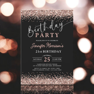 Elegante Rose Gold Black Glitzer 21. Geburtstag Einladung