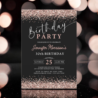 Elegante Rose Gold Black Glitzer 30. Geburtstag Einladung