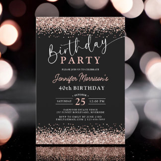 Elegante Rose Gold Black Glitzer 40. Geburtstag Einladung