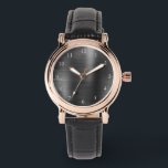 Elegante Rose Gold & Black Leather Strap Women's Armbanduhr<br><div class="desc">Elegante Frauenuhr aus schwarzem Glattleder mit goldenen Rose-Akzenten,  gebürstetem Metallstil und weißen Zahlen.</div>