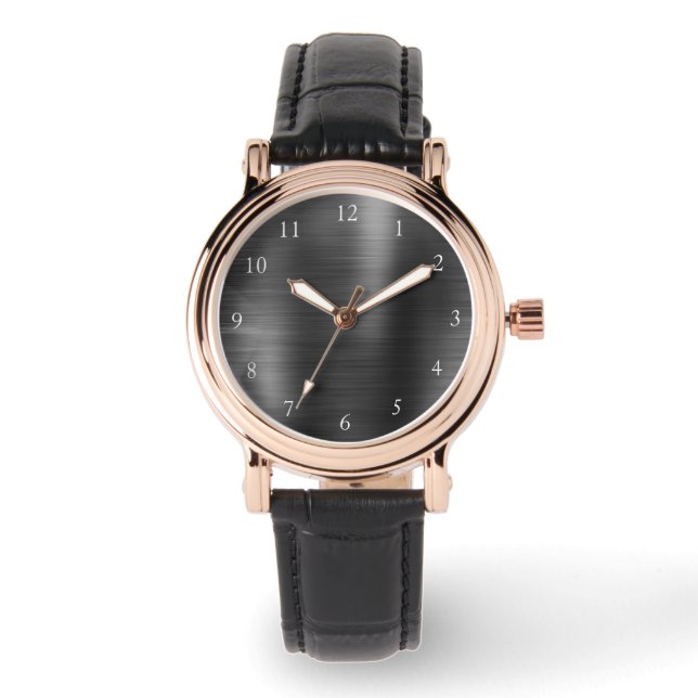 Elegante Rose Gold & Black Leather Strap Women's Armbanduhr (Vorderseite)