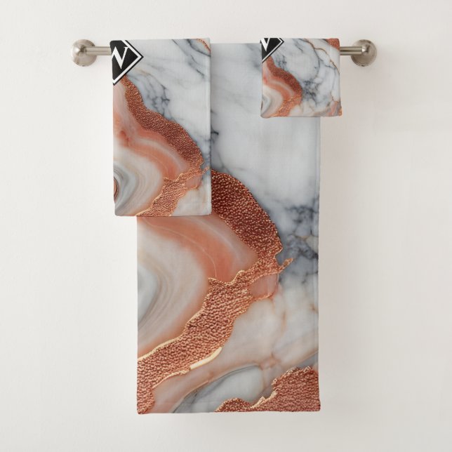 Elegante Rose Gold Black Marble Monogram Badhandtuch Set (Insitu)