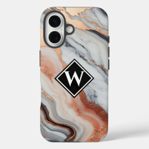 Elegante Rose Gold Black Marble Monogram iPhone 16 Hülle