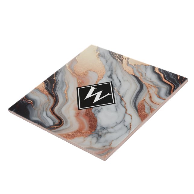 Elegante Rose Gold Black Marble Monogram Fliese (Seite)