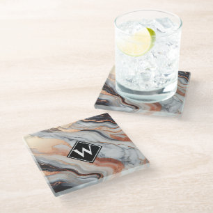 Elegante Rose Gold Black Marble Monogram Glasuntersetzer