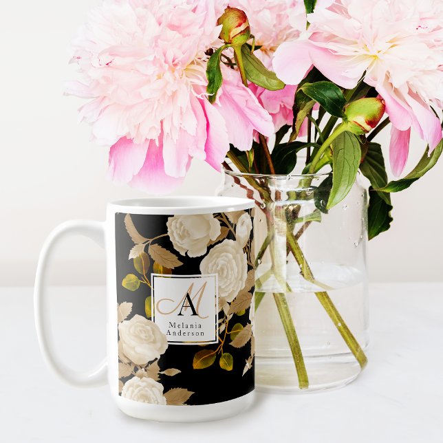 Elegante Rose Gold Black Monogram Kaffeetasse (Chic Elegant Design Mug For Some One Special. )