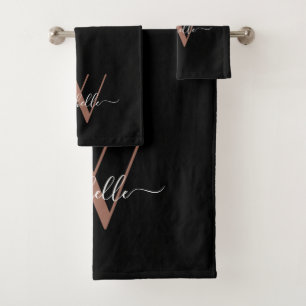 Elegante Rose Gold Black Monogram Name Script Badhandtuch Set